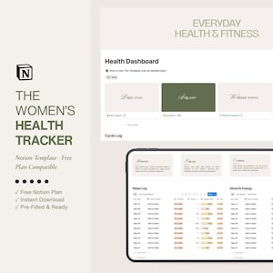 Women's Health Tracker Notion Template | Cycle Syncing | Period | Sleep & Mood Log | Fitness (Notion Planner)