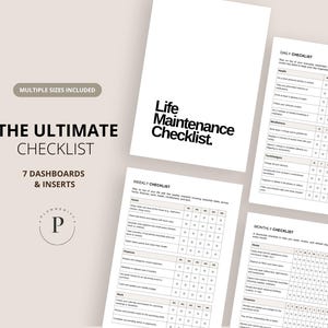May include: A collection of white checklists with black text, including "The Ultimate Checklist" and "Life Maintenance Checklist." The checklists are designed for daily, weekly, and monthly planning. The design includes a logo with the letter "P."
