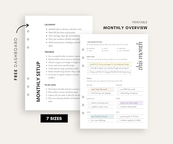 Monthly Goal Planner: Printable Overview Dashboard (A5, A6, FC, Pocket, Half Letter)