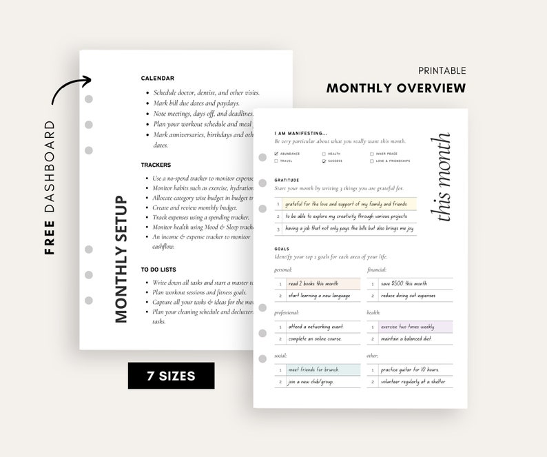 May include: Printable monthly planner with a white background and black text. The planner includes sections for calendar, trackers, to-do lists, I am manifesting, gratitude, and goals. The planner is designed to help you organize your month and track your progress.