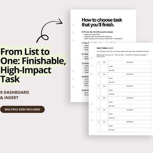 Könnte beinhalten: Weiße Planer-Einsätze mit Text: "From List to One: Finishable, High-Impact Task." Enthält eine "One-Thing-A-Day" Vorlage und Anweisungen. Der Text "Multiple Sizes Included" ist ebenfalls sichtbar.