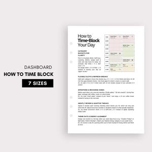 Może przedstawiać: Biała strona planera z tekstem "How to Time-Block Your Day" i szablonem blokowania czasu. Strona zawiera sekcje dla kategorii, elastycznych slotów, intencji i nocnego przeglądu. Widoczny jest również tekst "Dashboard" i "7 Sizes".