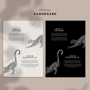 Könnte beinhalten: Zwei Motivationsposter mit Schwarzweiß-Illustrationen von Geparden. Der Text auf den Postern lautet "Ignoriere nicht" und "Dein Potenzial".