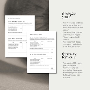 May include: Two white pages with text titled "40-DAY NERVOUS RESET" and a list of daily activities. The text "this is for you if" and "this is not for you if" are also visible.