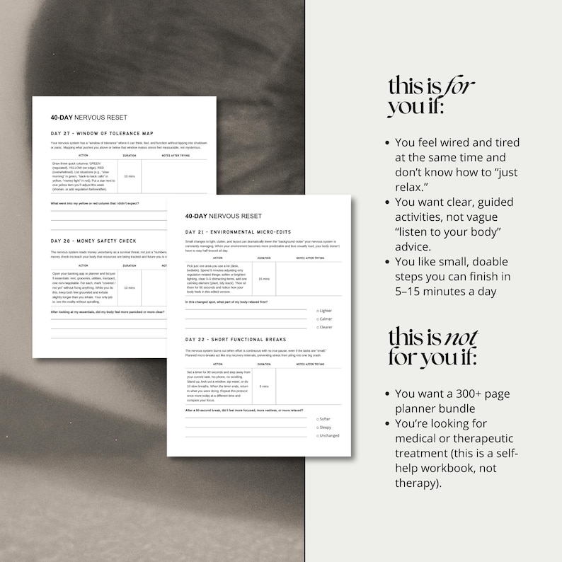 May include: Two white pages with text titled "40-DAY NERVOUS RESET" and a list of daily activities. The text "this is for you if" and "this is not for you if" are also visible.