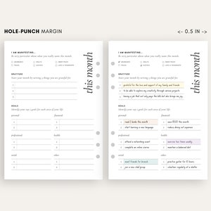 May include: A printable planner page with a hole-punch margin. The page is divided into sections for manifesting, gratitude, and goals. The goals section includes categories for personal, financial, professional, health, social, and other. The page is titled "This Month".