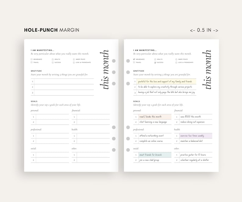 May include: A printable planner page with a hole-punch margin. The page is divided into sections for manifesting, gratitude, and goals. The goals section includes categories for personal, financial, professional, health, social, and other. The page is titled "This Month".