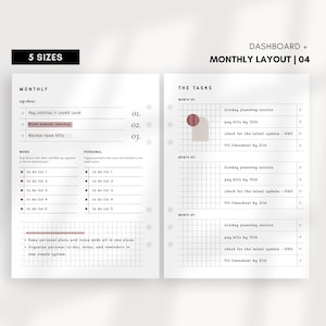 May include: A white planner page with a monthly layout and task list. The planner includes sections for monthly goals, work, and personal tasks. The task list includes checkboxes and space for notes. The text "5 Sizes" and "Dashboard + Monthly Layout | 04" are also visible.