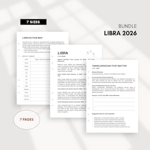 May include: A bundle of Libra 2026 planner pages with the text "7 SIZES" and "7 PAGES". The pages include a Libra Action Map, monthly summary, and timing windows. The pages are white with black text.