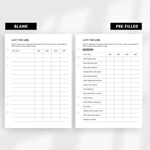 Pode incluir: Duas p&aacute;ginas do planejador Last-Time Log, uma em branco e outra pr&eacute;-preenchida. A p&aacute;gina em branco tem um t&iacute;tulo e espa&ccedil;o para escrever. A p&aacute;gina pr&eacute;-preenchida tem uma lista de tarefas dom&eacute;sticas com espa&ccedil;os para registrar datas. Ambas as p&aacute;ginas s&atilde;o brancas com texto preto.