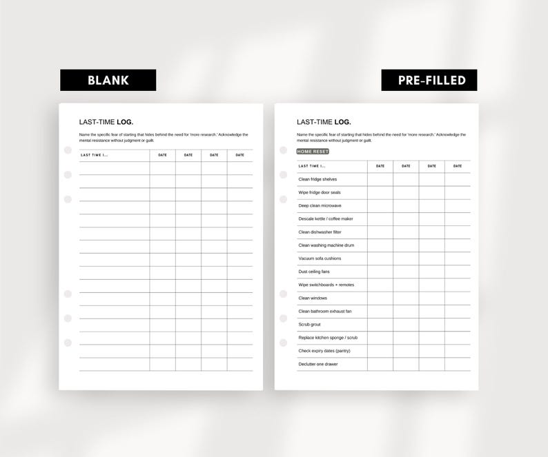 Pode incluir: Duas p&aacute;ginas do planejador Last-Time Log, uma em branco e outra pr&eacute;-preenchida. A p&aacute;gina em branco tem um t&iacute;tulo e espa&ccedil;o para escrever. A p&aacute;gina pr&eacute;-preenchida tem uma lista de tarefas dom&eacute;sticas com espa&ccedil;os para registrar datas. Ambas as p&aacute;ginas s&atilde;o brancas com texto preto.