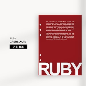 Może przedstawiać: Czerwony pulpit nawigacyjny z napisem "RUBY" dużymi białymi literami. Tekst opisuje symbolikę i estetyczne cechy koloru czerwonego. Pulpit nawigacyjny jest dostępny w 7 rozmiarach.