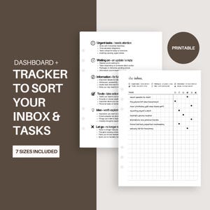 May include: Printable dashboard and tracker to sort your inbox and tasks. The printable sheet includes a checklist with categories for urgent tasks, waiting on, information, to-do, ideas, and let go. The sheet also includes a grid for tracking tasks with columns for task, email, phone, waiting on, information, and future reference.