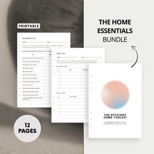 May include: A printable home essentials bundle with 12 pages. The pages include task lists and a home toolkit. The cover features a soft, blurred design with the text "The Efficient Home Toolkit".