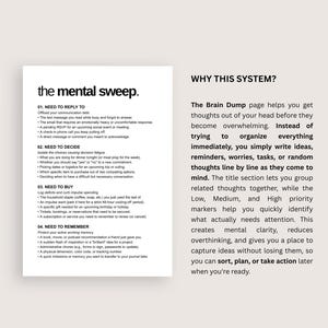 K&ouml;nnte beinhalten: Ein wei&szlig;es Dokument mit dem Titel the mental sweep und vier Kategorien: need to reply to, need to decide, need to buy und need to remember. Rechts erkl&auml;rt ein Abschnitt mit dem Titel WHY THIS SYSTEM? den Zweck der Brain-Dump-Seite in schwarzem Text.