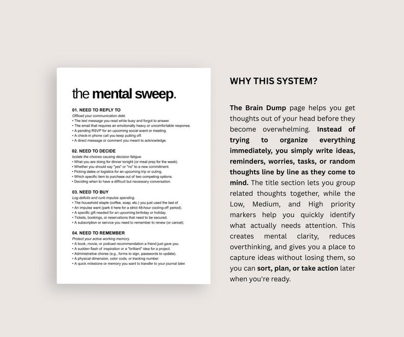 K&ouml;nnte beinhalten: Ein wei&szlig;es Dokument mit dem Titel the mental sweep und vier Kategorien: need to reply to, need to decide, need to buy und need to remember. Rechts erkl&auml;rt ein Abschnitt mit dem Titel WHY THIS SYSTEM? den Zweck der Brain-Dump-Seite in schwarzem Text.