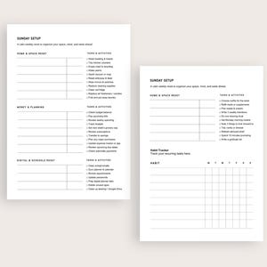 K&ouml;nnte beinhalten: Zwei wei&szlig;e, bedruckbare Planerseiten mit schwarzem Text. Die linke Seite tr&auml;gt den Titel &bdquo;SUNDAY SETUP&ldquo; und listet Aufgaben f&uuml;r Zuhause, Geld und digitale Organisation auf. Die rechte Seite enth&auml;lt einen Gewohnheitstracker und Aufgaben f&uuml;r die Woche.