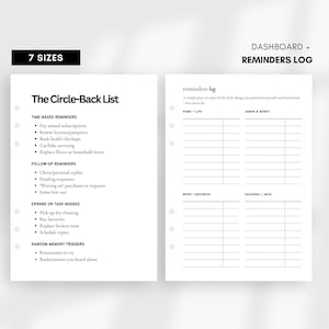 May include: A white planner insert with the text "The Circle-Back List" and "reminders log". The left page lists reminders, including time-based and follow-up tasks. The right page is a reminders log with sections for home, admin, work, and seasonal.