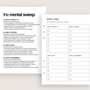 K&ouml;nnte beinhalten: Zwei wei&szlig;e Planerseiten mit schwarzem Text. Die linke Seite ist mit the mental sweep betitelt und listet die Kategorien: need to reply to, need to decide, need to buy und need to remember. Die rechte Seite enth&auml;lt vier Abschnitte mit K&auml;stchen.