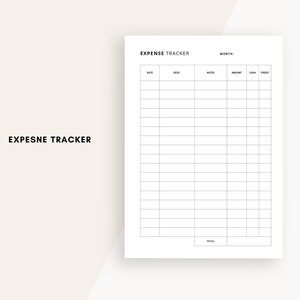 Puede incluir: Un rastreador de gastos blanco con un dise&ntilde;o de cuadr&iacute;cula para registrar datos financieros. El documento incluye campos para fecha, descripci&oacute;n, notas, cantidad, efectivo y cr&eacute;dito. Las palabras "EXPENSE TRACKER" y "MONTH" est&aacute;n impresas en la parte superior.