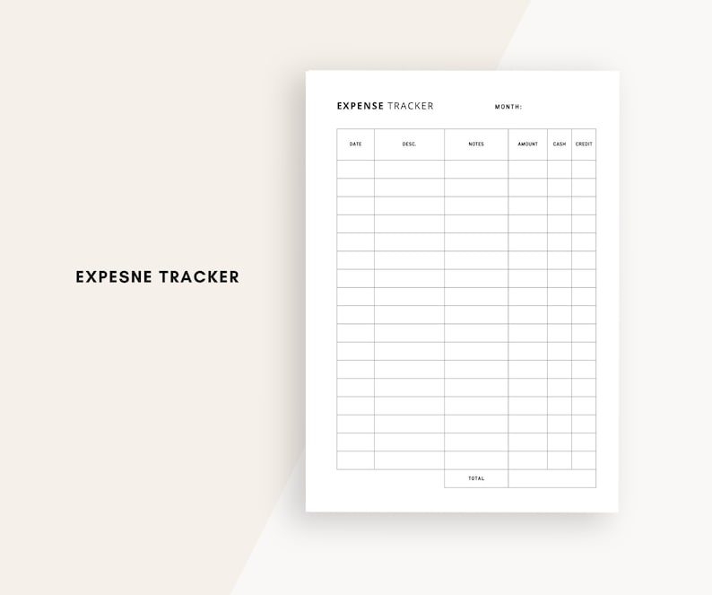 Puede incluir: Un rastreador de gastos blanco con un dise&ntilde;o de cuadr&iacute;cula para registrar datos financieros. El documento incluye campos para fecha, descripci&oacute;n, notas, cantidad, efectivo y cr&eacute;dito. Las palabras "EXPENSE TRACKER" y "MONTH" est&aacute;n impresas en la parte superior.