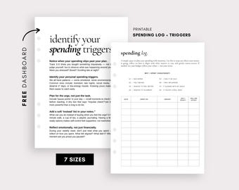 May include: Printable spending log and trigger worksheet with a black and white design. The worksheet includes sections for identifying spending triggers, planning for urges, adding a soft "instead" list, and reflecting emotionally and financially. The worksheet also includes a section for tracking spending with columns for date, spent on, amount, why I spent, and hello me of that.