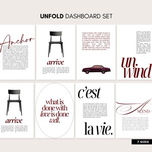 May include: A set of eight white art prints with text and images. The prints include the words "Anchor", "arrive", "Unwind", "Ascend", "c'est la vie", and "what is done with love is done well." The prints also feature a black chair and a maroon car.
