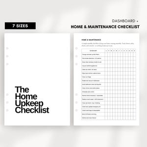May include: A white Home & Maintenance Checklist with the text "The Home Upkeep Checklist" and "7 Sizes". The checklist includes a list of home maintenance tasks with a grid for tracking.