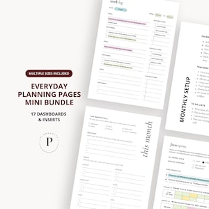 May include: A collection of white planner pages with black text, including a work log, monthly setup, and focus sprint pages. The bundle includes 17 dashboards and inserts. The text "Everyday Planning Pages Mini Bundle" is displayed.