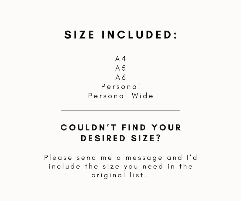 Puede incluir: Fondo blanco con texto negro que enumera los tama&ntilde;os de papel disponibles: A4, A5, A6, Personal, Personal Wide. Ofrece la posibilidad de agregar tama&ntilde;os personalizados si es necesario.