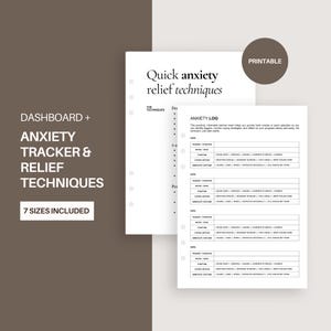 May include: Printable anxiety tracker and relief techniques log with a dashboard. The log includes sections for date, trigger, situation, notes, symptoms, coping methods, immediate outcome, and a section for quick anxiety relief techniques.
