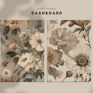May include: Two seamless patterns featuring a floral design with beige, brown, and white flowers on a light beige background.