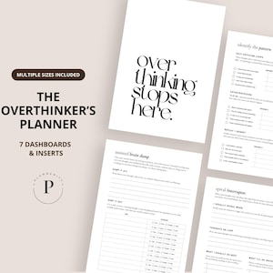 以下が含まれることがあります： 「The Overthinker's Planner」と「Overthinking Stops Here.」というテキストが書かれた白黒のプランナー。このプランナーには、思考や感情を管理するのに役立つ7つのダッシュボードとインサートが含まれています。