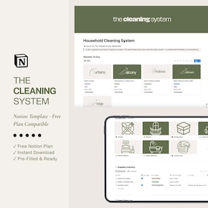 May include: A digital Notion template titled "THE CLEANING SYSTEM" with a green and white color scheme. The template includes a household cleaning system, monthly to-do lists, and a supplies inventory. The template is free, instantly downloadable, and pre-filled.