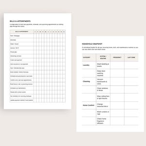 K&ouml;nnte beinhalten: Zwei wei&szlig;e Papierb&ouml;gen mit schwarzem Text. Ein Bogen mit der &Uuml;berschrift &bdquo;BILLS & APPOINTMENTS&ldquo; listet Kategorien wie &bdquo;Miete / Hypothek&ldquo; und &bdquo;Strom&ldquo; mit einem Raster zur Verfolgung auf. Der andere Bogen, &bdquo;HOUSEHOLD SNAPSHOT&ldquo;, verfolgt Routinen.