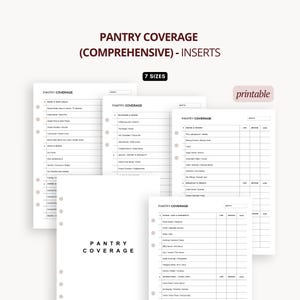 以下が含まれることがあります： 「PANTRY COVERAGE」と「7 SIZES」の文字が入った、印刷可能なパントリーカバーのインサートのコレクション。食品の整理用に設計されており、在庫レベルを追跡するためのセクションが含まれています。「printable」の文字も表示されています。