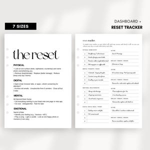 Puede incluir: Inserto de planificador blanco con el texto "the reset" en una fuente elegante. El inserto incluye secciones para tareas físicas, digitales, mentales y emocionales, junto con una sección "Dashboard + Reset Tracker".