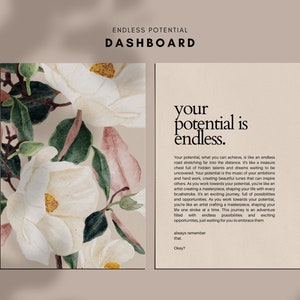 Könnte beinhalten: Ein motivierendes Zitat über Potenzial: "Dein Potenzial ist endlos." Das Zitat ist vor einem Hintergrund aus Aquarell-Magnolienblüten in Weiß-, Rosa- und Grüntönen platziert.