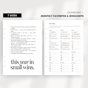 Puede incluir: Una página de planificador imprimible en blanco y negro con el texto "this year in small wins." La página está dividida en secciones para favoritos mensuales y aspectos destacados, con una lista de las mejores opciones para cada mes.