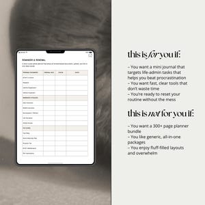 K&ouml;nnte beinhalten: Ein digitales Tablet zeigt einen "Reminder & Renewal" Planer mit Abschnitten f&uuml;r pers&ouml;nliche Dokumente, Erneuerungsdaten und Notizen. Text auf der rechten Seite listet Kriterien f&uuml;r und gegen die Verwendung des Planers auf.