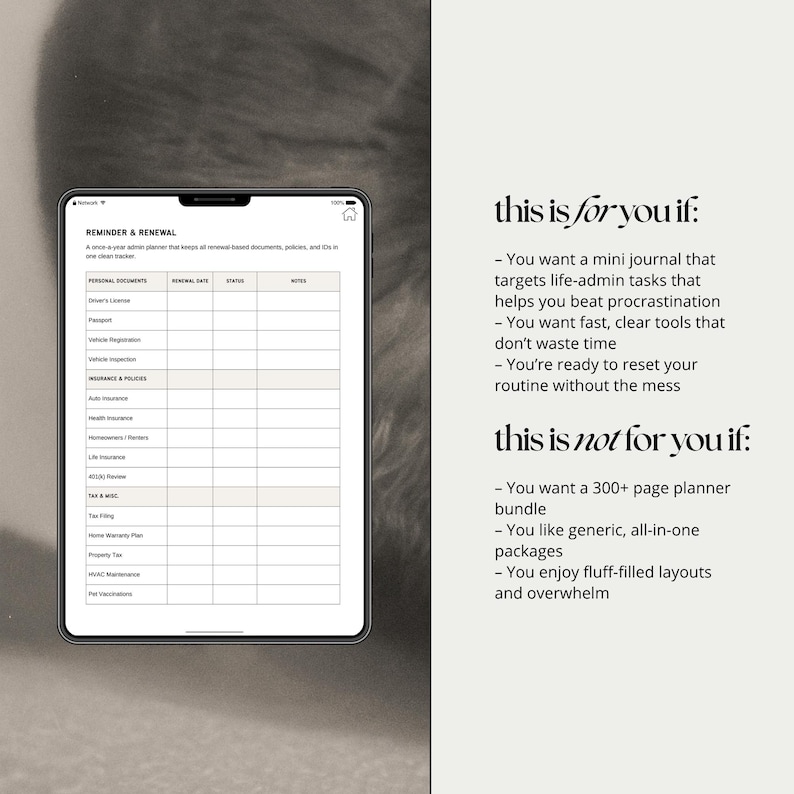 K&ouml;nnte beinhalten: Ein digitales Tablet zeigt einen "Reminder & Renewal" Planer mit Abschnitten f&uuml;r pers&ouml;nliche Dokumente, Erneuerungsdaten und Notizen. Text auf der rechten Seite listet Kriterien f&uuml;r und gegen die Verwendung des Planers auf.