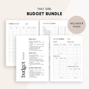 Puede incluir: Un conjunto de plantillas de presupuesto imprimibles con el texto "THAT GIRL BUDGET BUNDLE". Incluye un rastreador de gastos, una revisi&oacute;n de suscripciones y una hoja de presupuesto 50/30/20. Tambi&eacute;n se ve el texto "INCLUDES 7 PAGES".