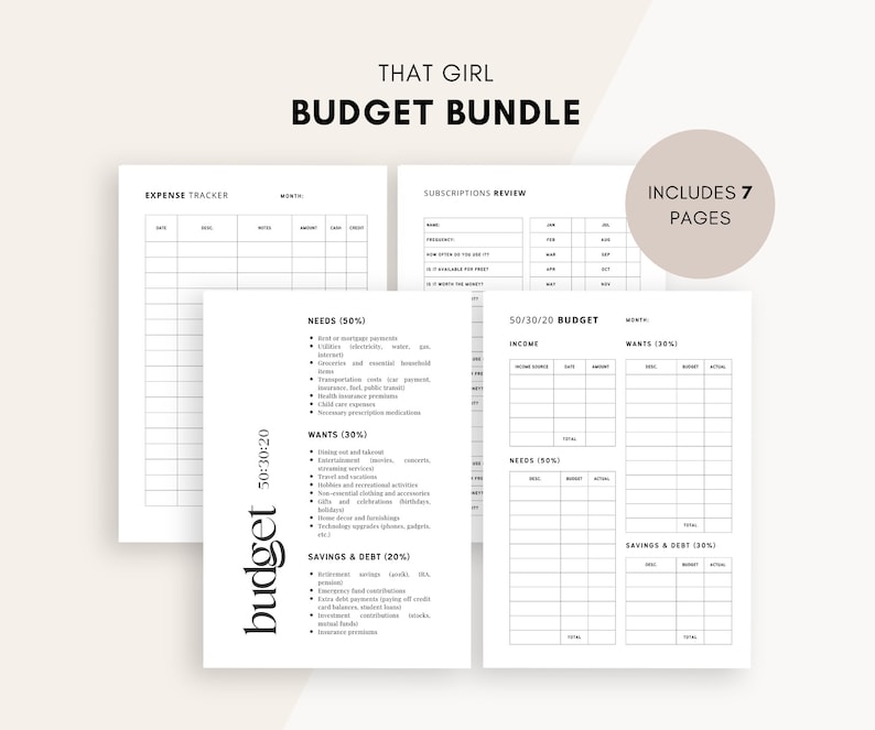 Puede incluir: Un conjunto de plantillas de presupuesto imprimibles con el texto "THAT GIRL BUDGET BUNDLE". Incluye un rastreador de gastos, una revisi&oacute;n de suscripciones y una hoja de presupuesto 50/30/20. Tambi&eacute;n se ve el texto "INCLUDES 7 PAGES".