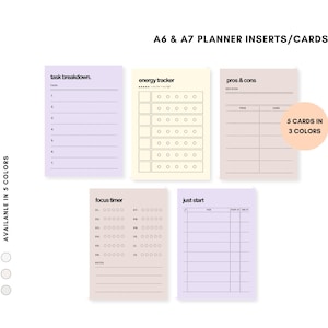 May include: A6 & A7 planner inserts/cards in five colors. The image shows five cards with different layouts: task breakdown, energy tracker, pros & cons, focus timer, and just start. The cards are available in three colors.