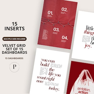 May include: A set of 15 inserts and dashboards with the text "Velvet Grid Set of 15 Dashboards." The inserts feature quotes and phrases in a modern font, with a red and white color scheme. The text includes "little things that bring joy."