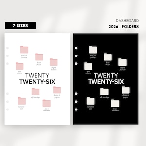 Könnte beinhalten: Zwei Planer-Dashboard-Designs, eines in Weiß und eines in Schwarz, mit rosa Ordnersymbolen und dem Text "TWENTY TWENTY-SIX". Das weiße Design hat den Text "7 SIZES" oben. Das schwarze Design hat den Text "DASHBOARD 2026 - FOLDERS".