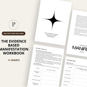 Puede incluir: Un cuaderno blanco titulado "The Evidence Based Manifestation Workbook" con 11 insertos. La portada presenta un diseño de estrella negra. El cuaderno incluye texto y diagramas para la superación personal y las prácticas de manifestación.