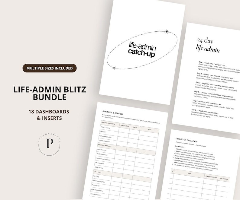 K&ouml;nnte beinhalten: Ein Bundle aus druckbaren Planer-Eins&auml;tzen mit dem Text "LIFE-ADMIN BLITZ BUNDLE" und "18 DASHBOARDS & INSERTS". Die Eins&auml;tze umfassen Checklisten und Organisationsseiten. Das Bundle enth&auml;lt mehrere Gr&ouml;&szlig;en.