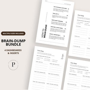 May include: A set of white paper inserts and dashboards for a brain-dump bundle. The pages have black text with prompts and organisational sections. The bundle includes multiple sizes and four dashboards and inserts.