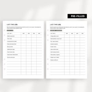 Pode incluir: Um planejador de duas p&aacute;ginas com o texto "LAST-TIME LOG." A p&aacute;gina esquerda &eacute; rotulada como "DIGITAL LIFE" e a p&aacute;gina direita como "BEDROOM / WARDROBE." Cada p&aacute;gina tem uma lista de tarefas com espa&ccedil;o para registrar datas. A parte superior da imagem tem o texto "PRE-FILLED."